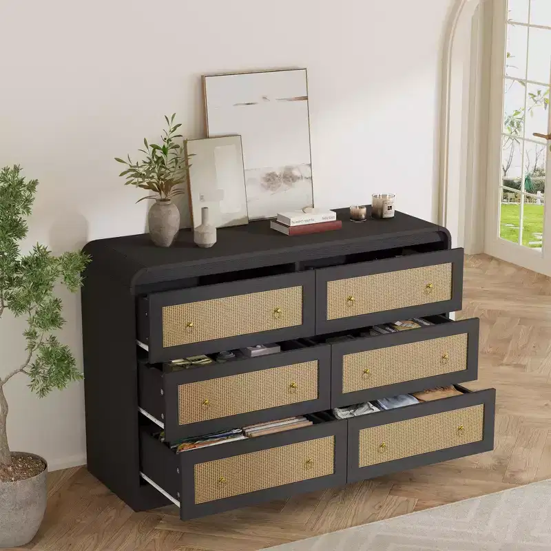 Woven-Style 6-Drawer Dresser for Bedroom, Wide Storage Chest with Textured Fronts