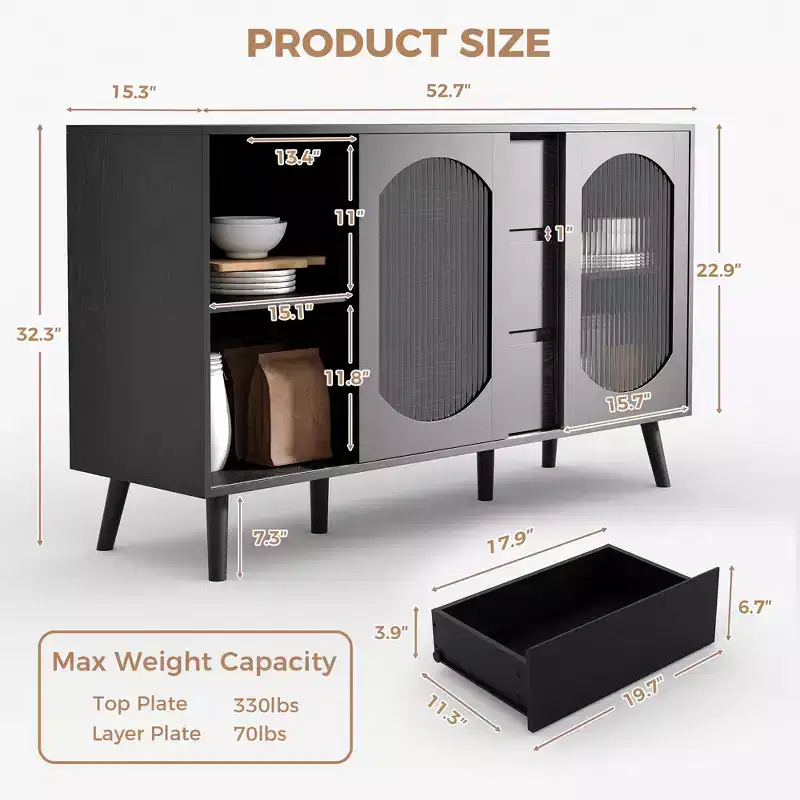 52.7'' Buffet Cabinet with Storage, Sideboard Cabinet with Fluted Glass Sliding Doors and Drawers, Black Sideboard for Kitchen