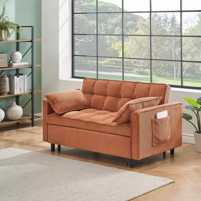 MAYEERTY Loveseat Corduroy Sofa with Wooden Board Bracket for Living Room Bedroom Orange