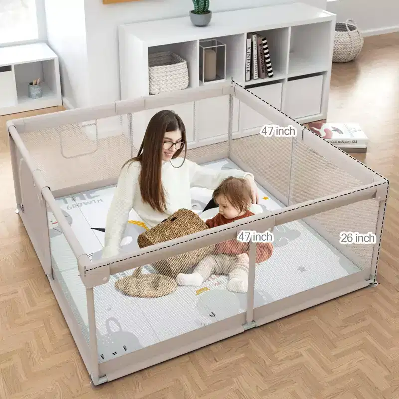Baby Playpen with Mat, 47x47in Extra-Large Baby Play Yard for Toddlers, Indoor/Outdoor Safety Playpen with Non-Slip Base