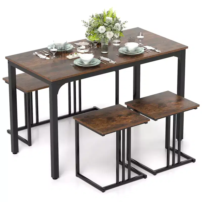 Costway 4-Piece Dining Table Set Industrial Kitchen Table Set w/ Bench & 2 Stools