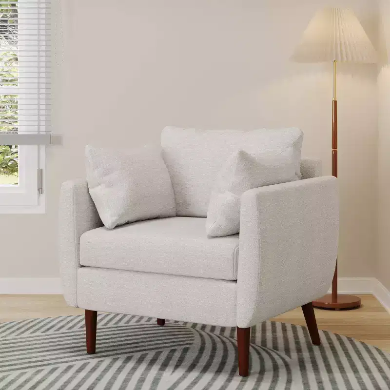 Upholstered Club Chair with 2 Accent Pillows, Birch Wood Legs, Beige/Walnut, 300 lb Capacity