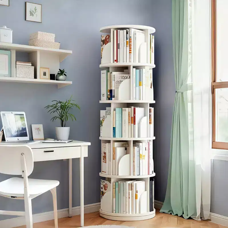 5 Tier 360 Rotating Bookshelf, 18.1118.1161.81 Warm White Round Spinning Book Tower, Sturdy MDF Structure, Space-Saving Storage for Books/Decor