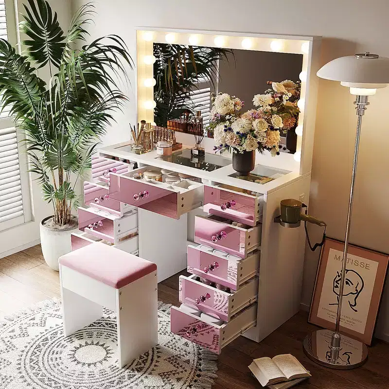 Makeup Vanity Desk with Glass Top, 6 Pink Finish Drawers & Shelves, Stool Included