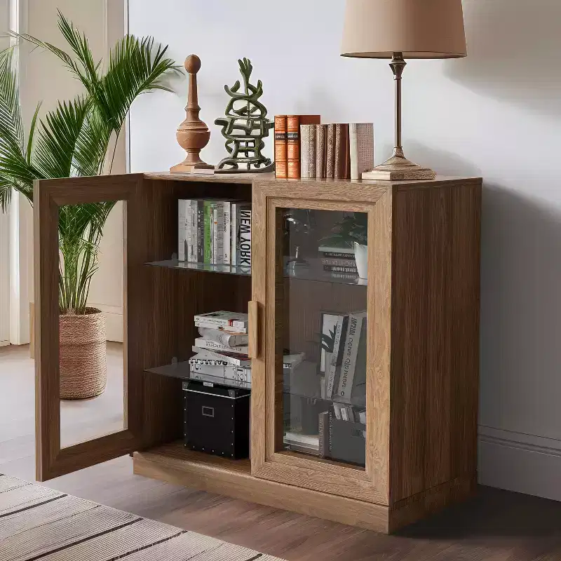 PexFix 31 Modern Wood Bookshelf Storage Cabinet with 2 Glass Door and Adjustable Shelf for Kitchen Bedroom Entryway Living Room Dinning Room Natural