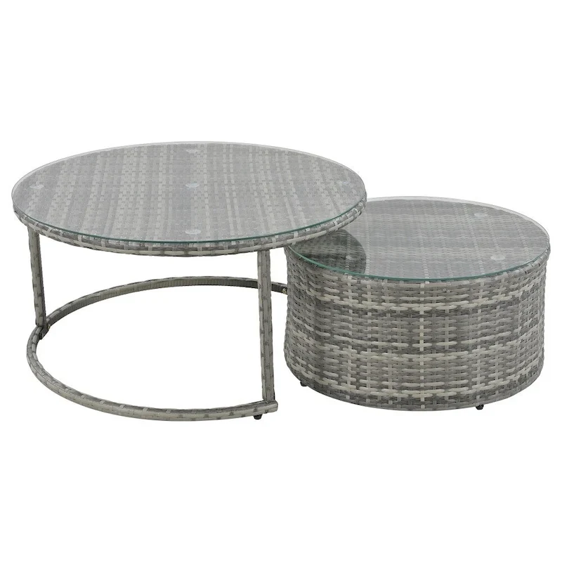 9-Pieces Outdoor Half-moon Patio Sofa Set Gray Wicker and Blue Cushion