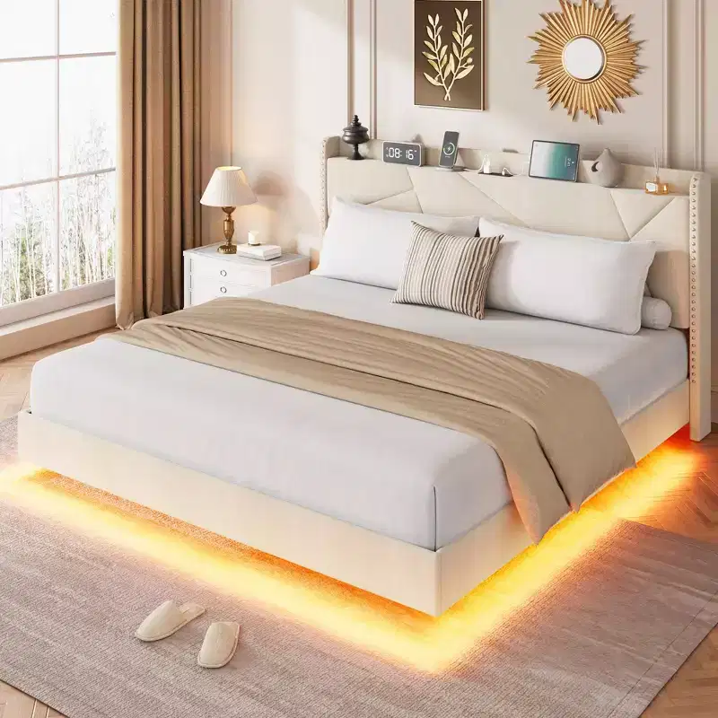 King size bed frame with lights and charging station, padded platform bed, storage headboard, button tufted design, no spring mattress required.