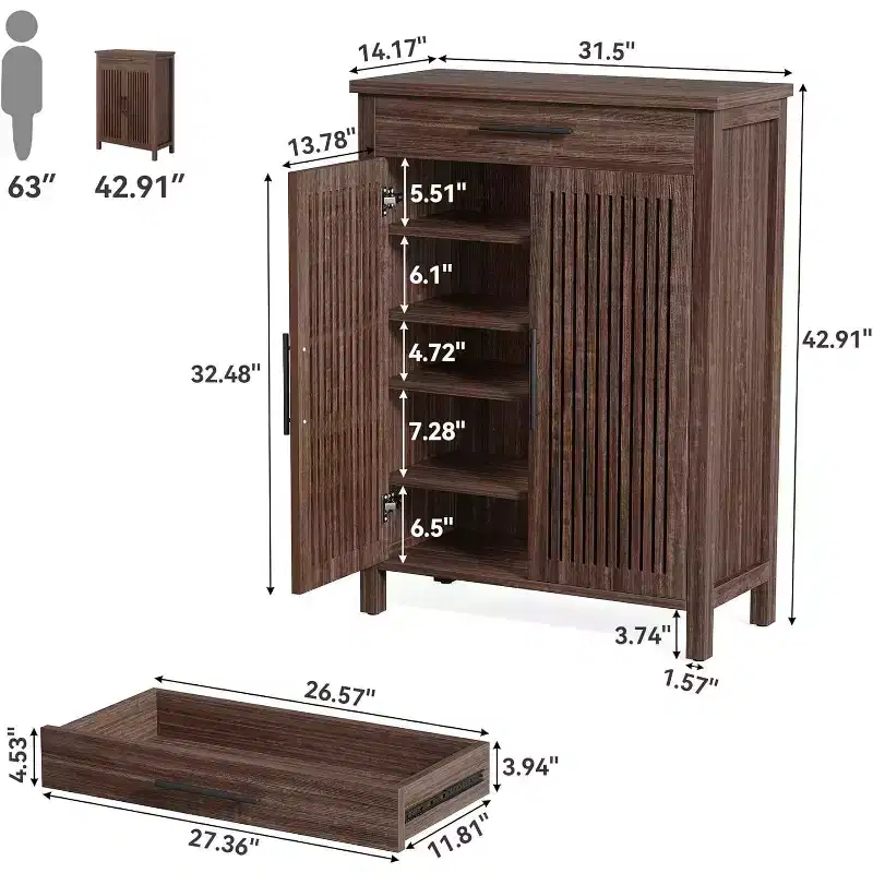 Lantine Narrow 6-Tier Shoe Rack with Drawer, Wooden Freestanding Slim Organizer for Entryway, Hallway, Closet, Bedroom, Living Room, Walnut