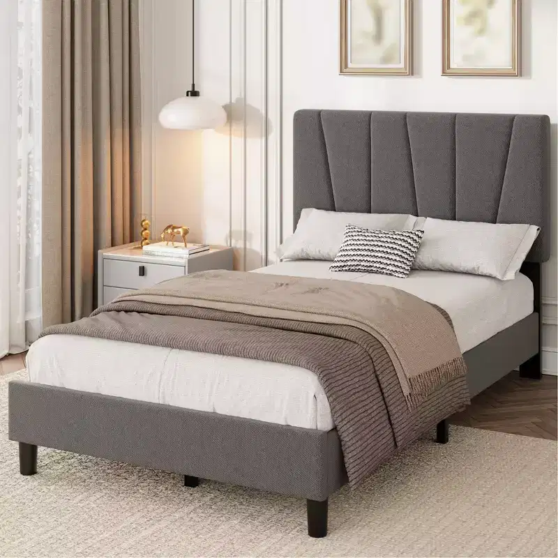 Twin Platform Bed Frame with Adjustable Headboard, Linen Upholstery & Wood Slats, Grey