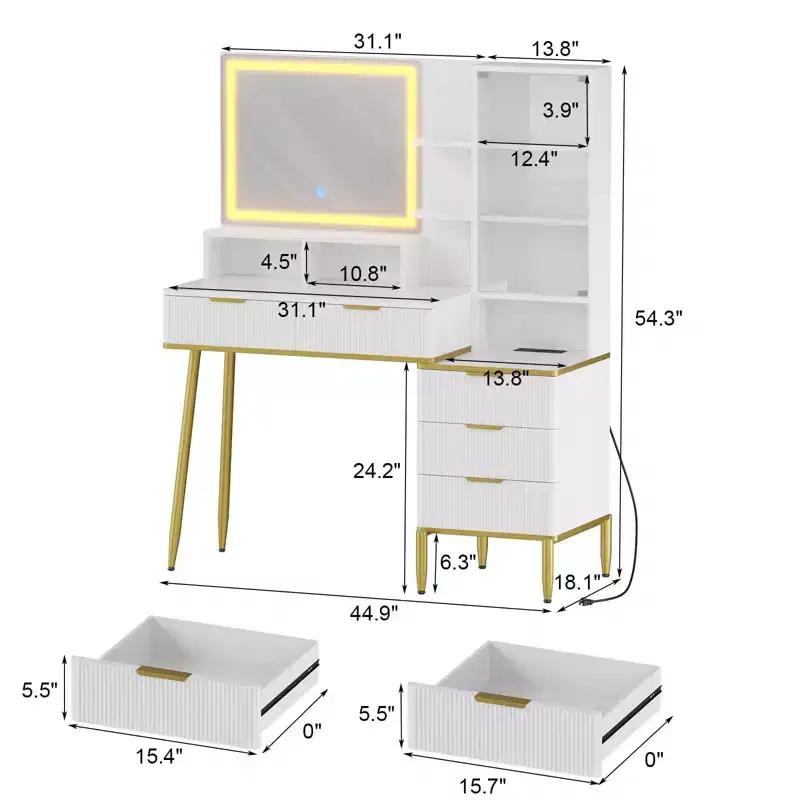 Fluted Vanity Desk with Lighted Mirror and Storage Drawers