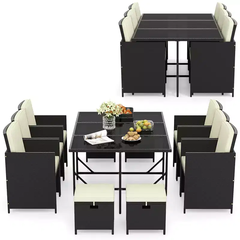 Costway 11 Pieces Patio Dining Set Space-saving Wicker Chairs & Tempered Glass Table