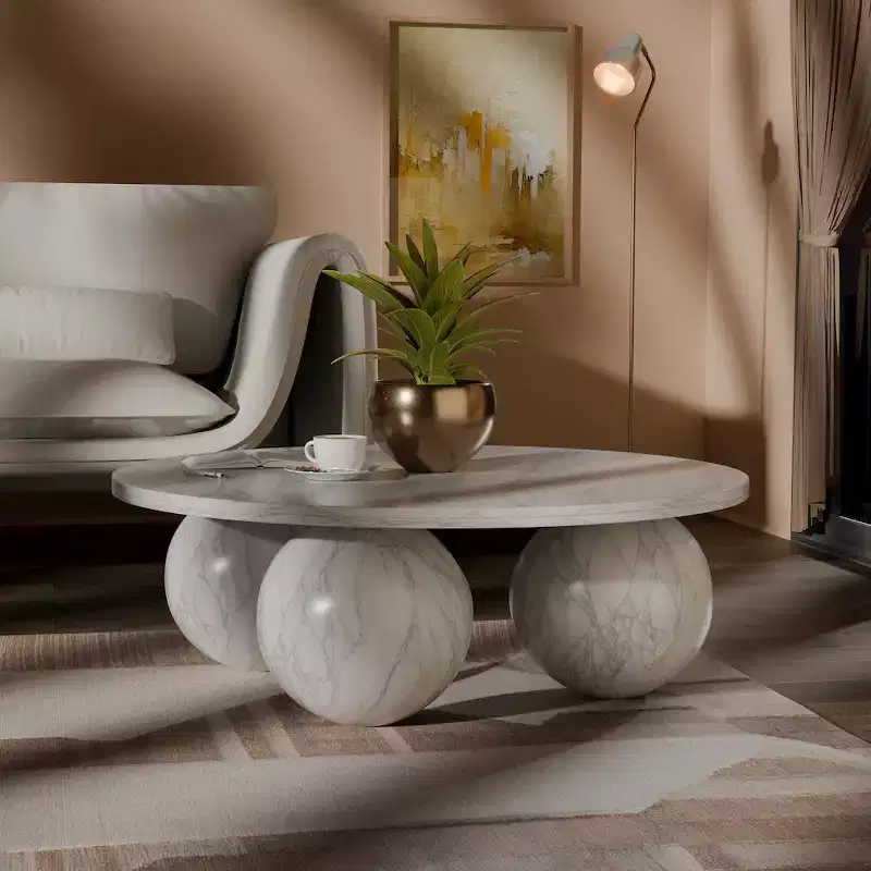 Round Marble Coffee Table with Sphere Legs, Multicolor, Seats 4–6