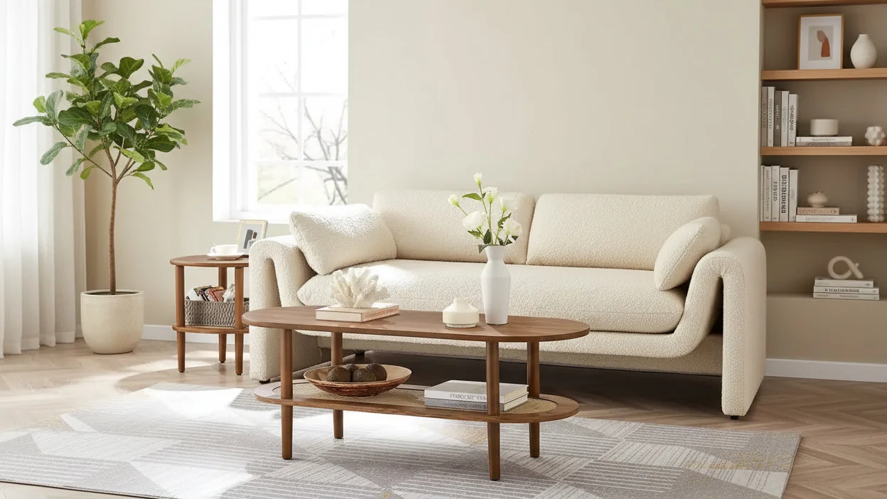 Modern Walnut Oval Coffee Table with Lower Storage Shelf and Wood Legs
