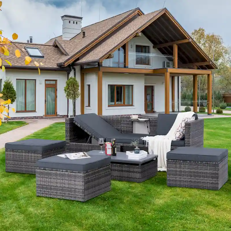 5 Piece Outdoor PE Wicker Sofa Set, Patio Conversation Furniture Set with Lift TOP Coffee Table and Lounger Sofa