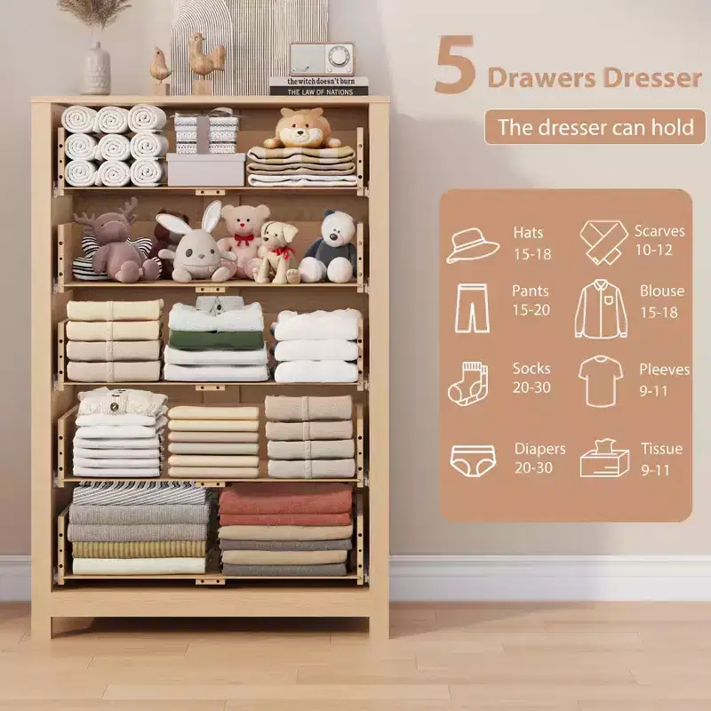 5 Drawer Dresser for Bedroom, Wood Storage Chest with Deep Drawers, Modern Simple Dresser for Living Room Hallway