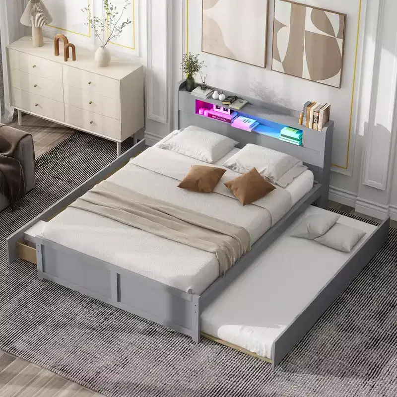 Whisen Queen Size Wood Storage Platform Bed with LED, 2 Drawers and 1 Trundle