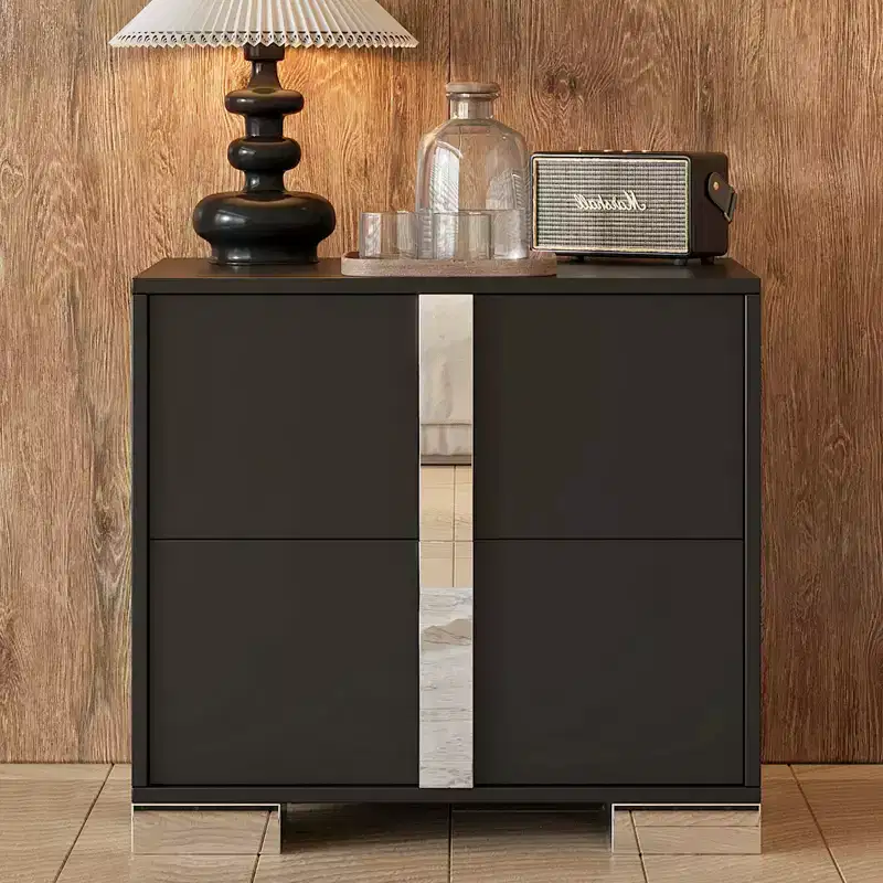 Elegant Sleek Modern 2 Drawer with Mirrored Accent Nightstand for Bedroom Living Room