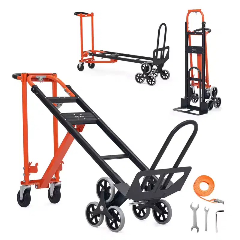 VEVOR 3 in 1 Industrial Convertible Stair Climbing Cart, 770 lbs Max Load, Folding Hand Truck Dolly with Handle & Wheels, Black & Orange