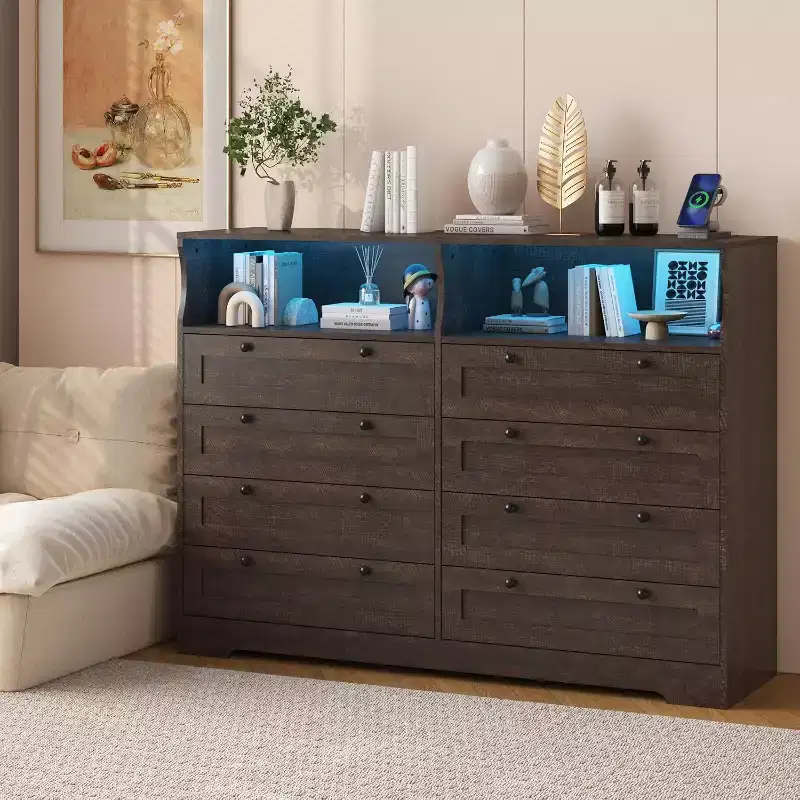 Acekool 8 Drawer Wooden Dresser with Power Outlets, Wide TV Stand Storage Chest Organizer for Bedroom, Living Room, Hallway