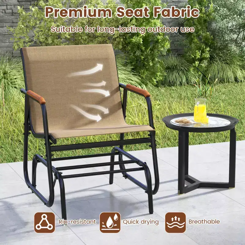 Costway Patio Glider Chair Set of 2 w/ Curved Teak Armrests & Breathable Fabric Seat