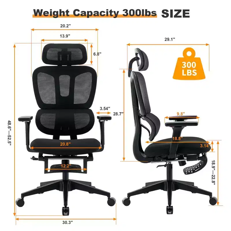 Black Mesh Chair w/ Footrest, 4D Arms, 2D Headrest & Dynamic Lumbar C Silent Wheels, Home/Office Ready