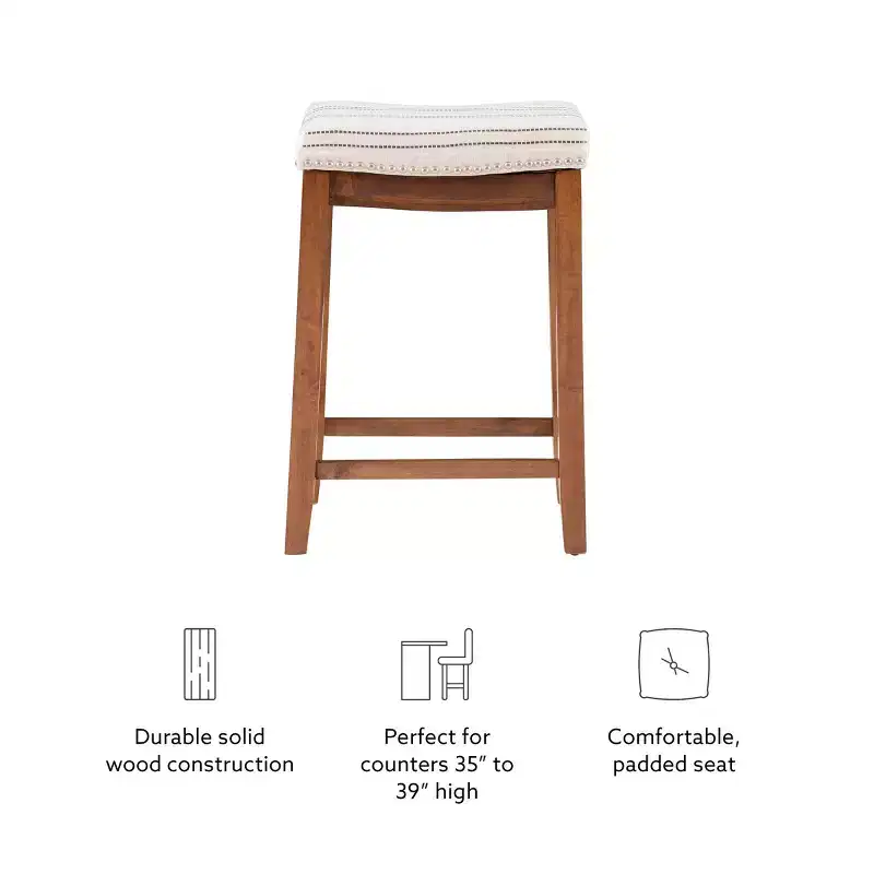Counter Height Barstool Rustic Brown Natural Linen Upholstered Backless