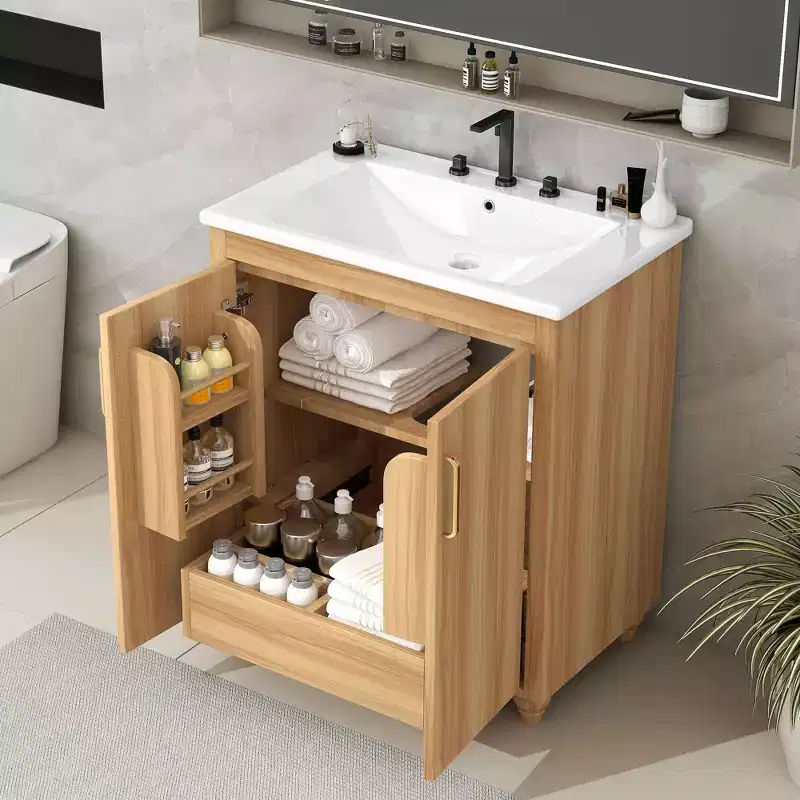 MAYEERTY 30 Bathroom Vanity with Sink Multi-functional Cabinet Doors Drawer MDF Natural