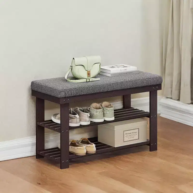 Bamboo Shoe Bench with 3-Tier Rack, Padded Seat Holds 330 lbs, Stores 6 Pairs, 28