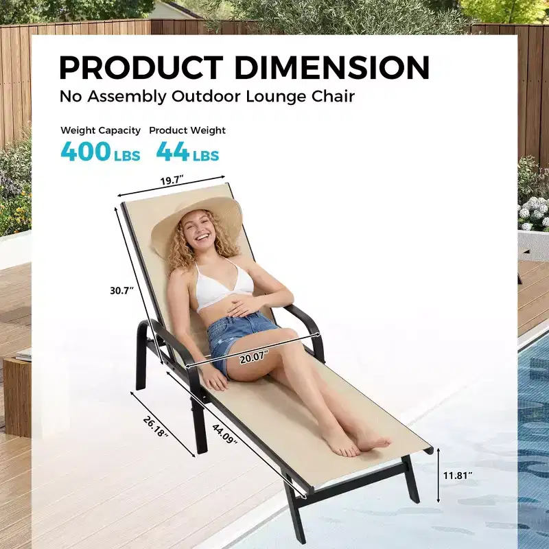 Set of 2 Outdoor Patio Chaise Lounge Chairs, 5-Position Adjustable Reclining Chairs with Textilene Fabric, Poolside Loungers for Garden & Balcony