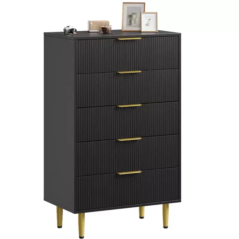 GustoWave Fluted Dresser for Bedroom with 5 Drawers, Wooden Chest of Drawers with Metal Handle & Feet, Natural Dresser for Living Room, Bedroom