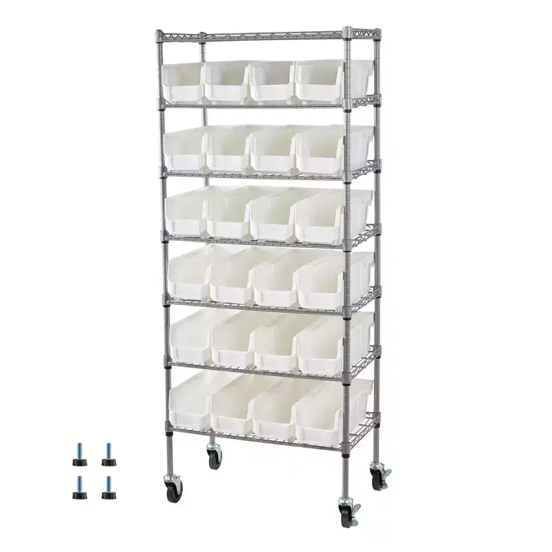 VEVOR 7-Tier Rolling Bin Storage Rack, 24 Small Bins, Bin Rack Storage Steel Wire Shelving System with Wheels, Mobile Tool Organizer, Silver+White