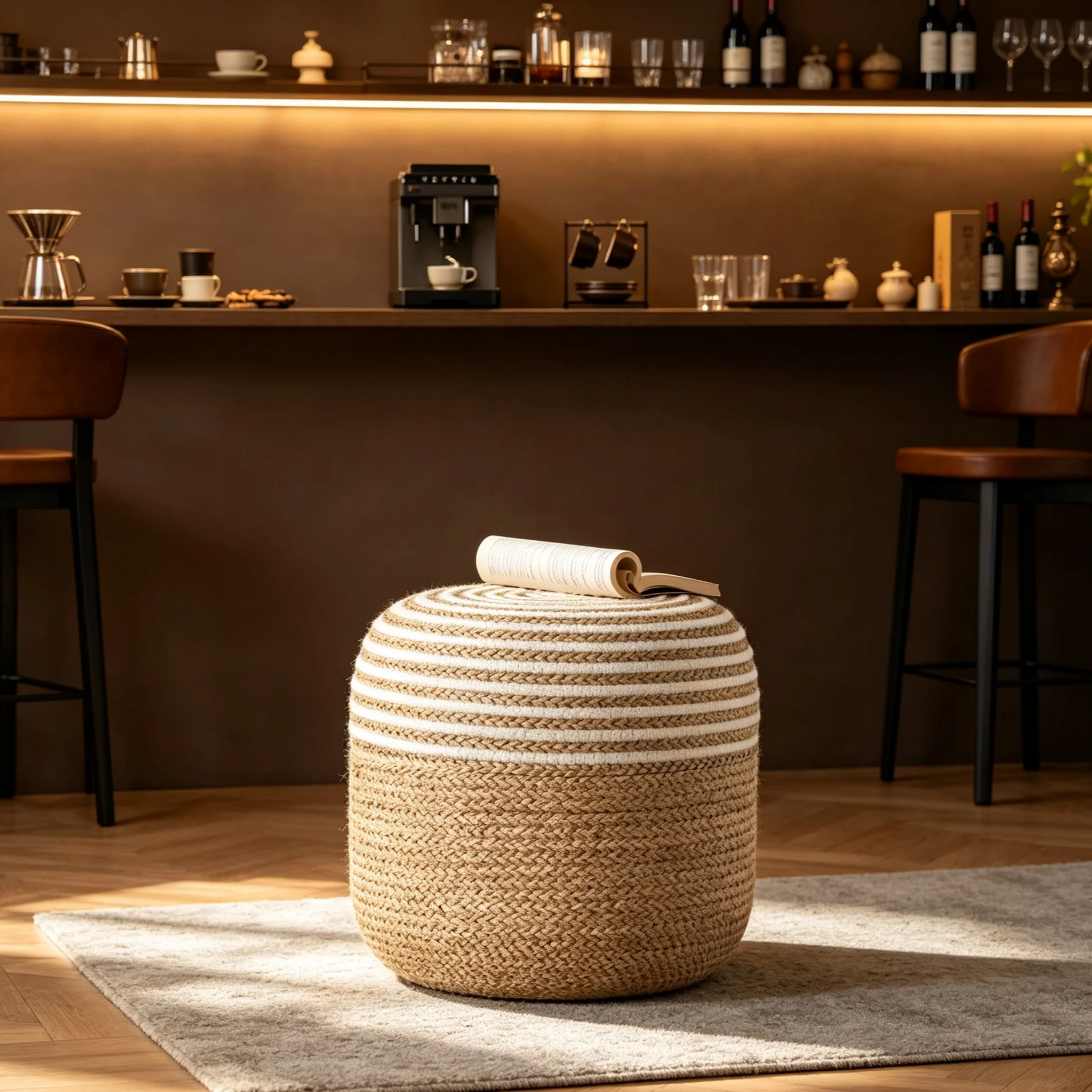 Seagrass and Woven Rope Ottoman Footstool White/Natural Brown: Cotton Upholstery, No Assembly Required