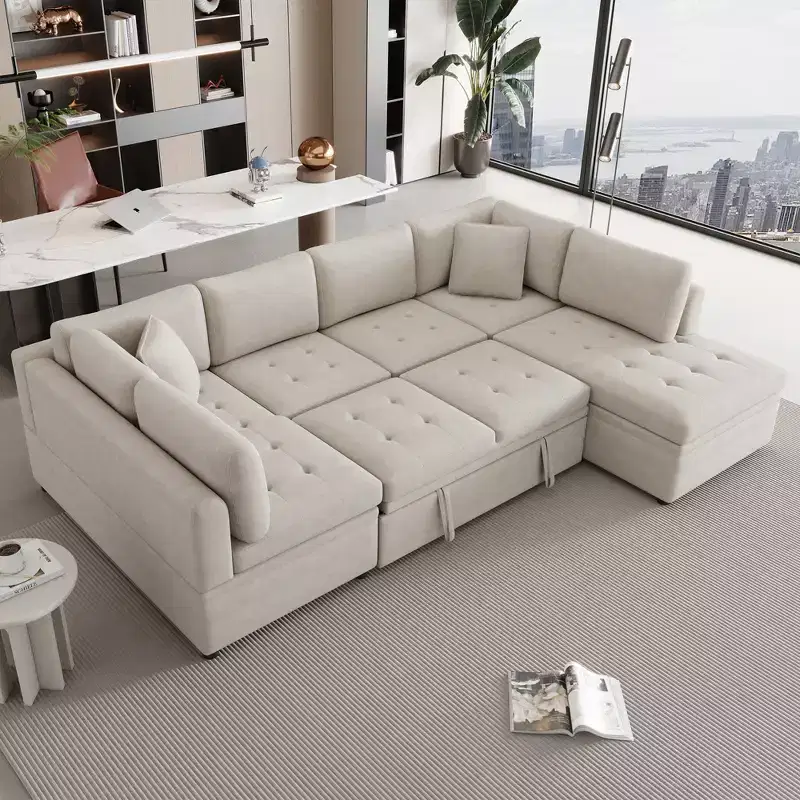 CLIHOME 117.3 Oversized Sectional Sofa U-shaped Sofa Couch Pull-out Sofa Bed with Two Throw Pillows for Living Room