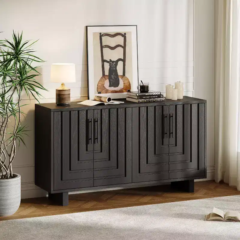 Okak Mid Century Wooden Buffet Sideboard Storage Cabinet with Metal Handles,Ash Veneer Pantry Cabinets for Dining Room,Kitchen