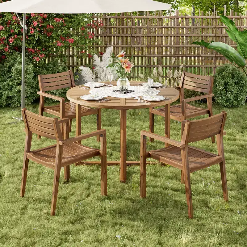 GDFStudio Saul 5 Piece Acacia Wood Outdoor Dining Set with 47.2 Round Slatted Table and Ergonomic Chairs