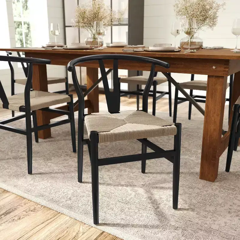 Stack Dining Chair with Y-Back Style Design, Solid Wood Frame, Woven Kraft Paper Rope Seat