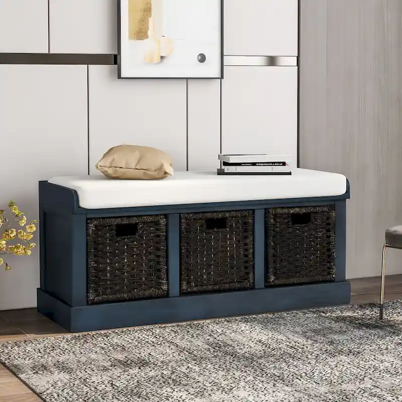 Rustic Storage Bench with 3 Removable Classic Rattan Basket , Entryway Bench with Removable Cushion