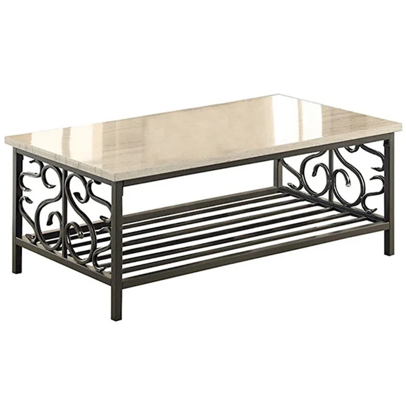 Faux Marble Top Table With Decorative Metal Frame, Cream & Gray