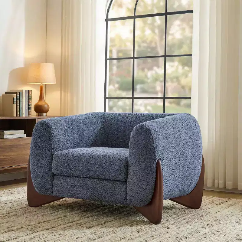 Birch Wood Boucle Upholstered Club Chair