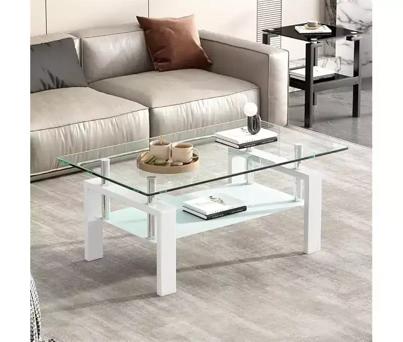 Glass Coffee Table, Modern Side Coffee Table For Living Room, 2-Tier Tea Table With Tempered Glass Tabletop, Lower Shelf For Living Room