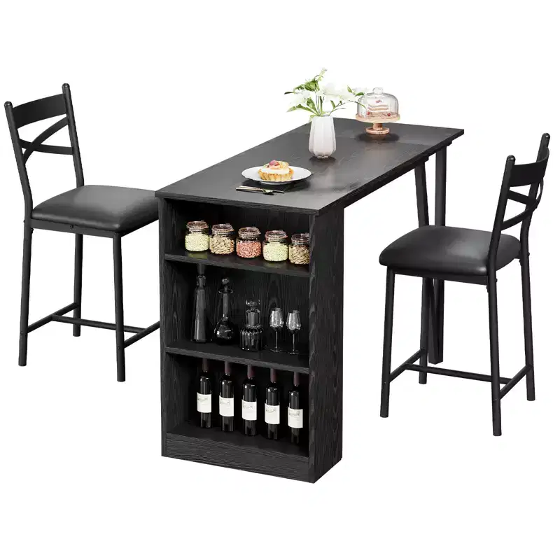 Dining Table Set for 2, Counter Height Kitchen Table & Chairs with Storage Shelves, Bar Table Set w/2 Upholstered Chairs, Dining Room Table Set