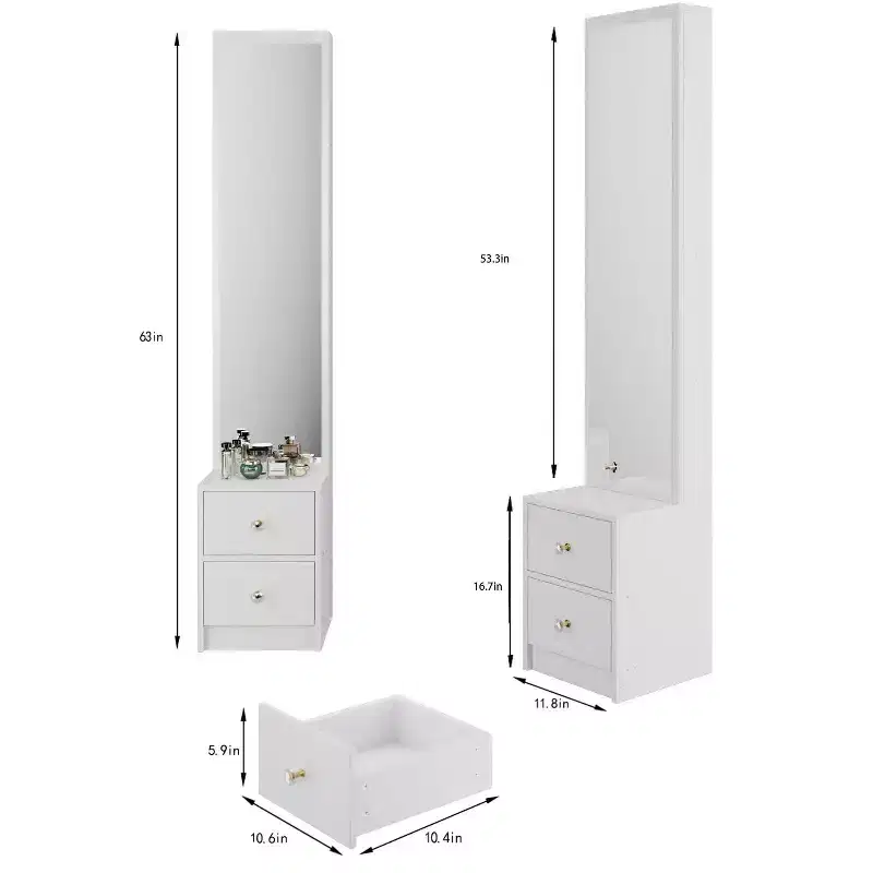 11.8-Inch Minimalist Vanity Desk Set with Full-Length Mirror, Cabinet Storage for Bedroom, Space-Saving Design