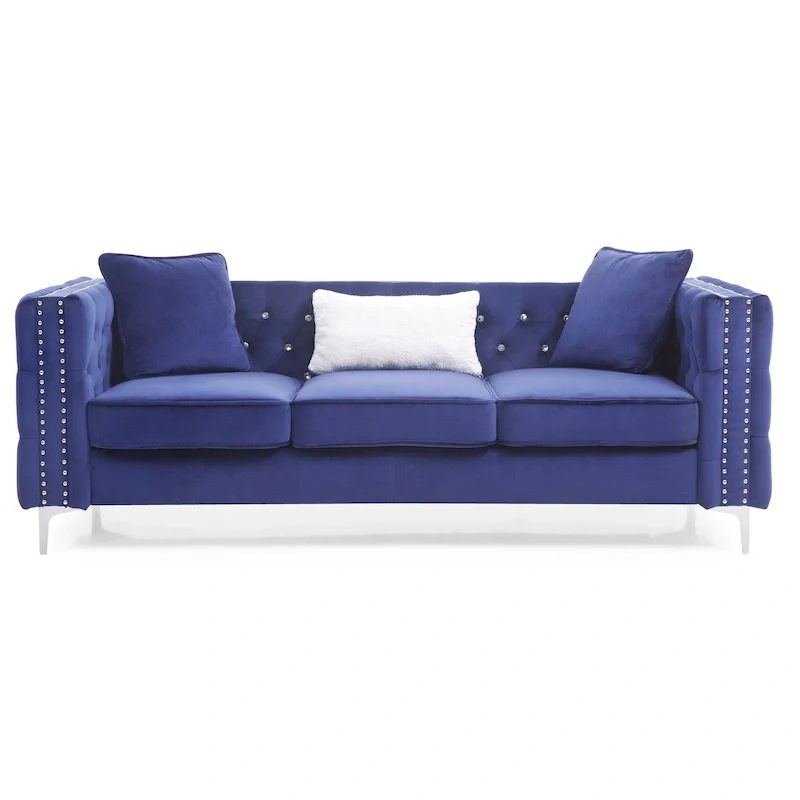86 in. Tufted Velvet 3-Seater Sofa with 2 Throw Pillows - 86L x 34W x 30H