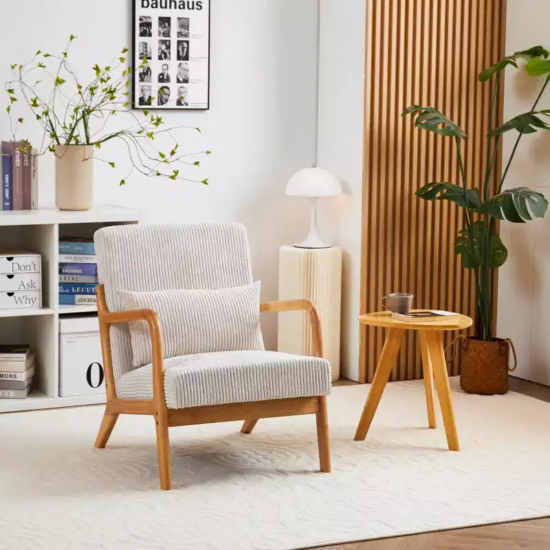 Zeus & Ruta Mid-Century Modern Upholstered Accent Armchair with Pillow and Solid Wood Frame