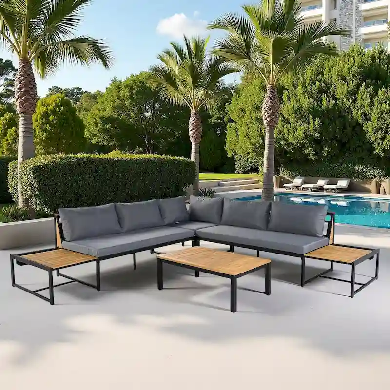 4-Piece Outdoor Patio Iron Sectional Sofa Set with Coffee Table and Side Storage Shelf