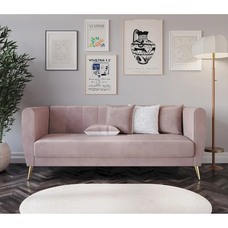 Velvet Flared Arm 3-Seater Sofa with 4 Throw Pillows – Modern Living Room