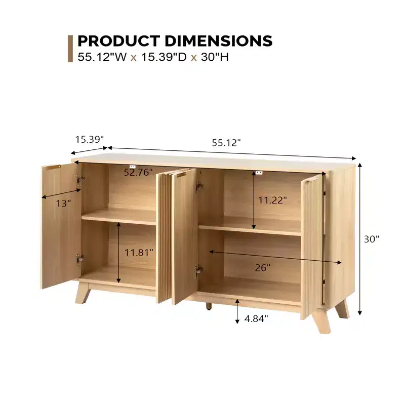 Fluted Sideboard Buffet Cabinet with Storage, Doors and Adjustable Shelves, Natural Oak