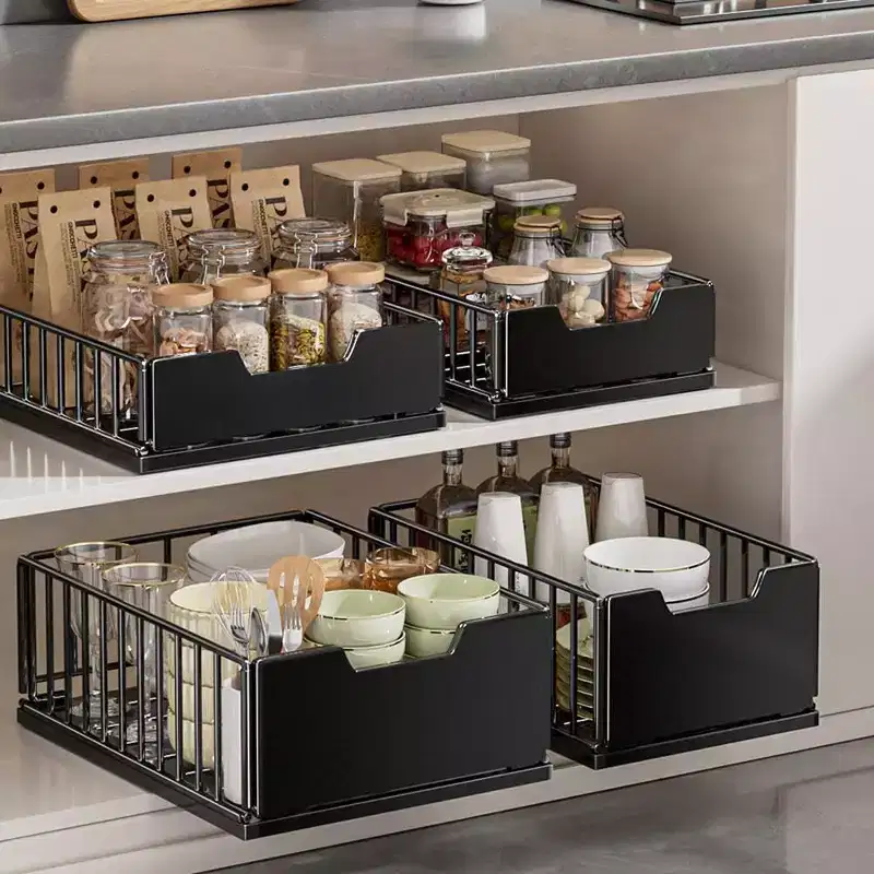Pull Out Kitchen Cabinet Organizer, Pantry Pull Out Shelves, Metal Slide Out Storage Drawers, No Drill, for Cabinets & Bathroom