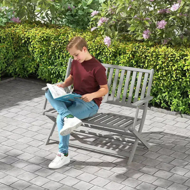 2-Person Foldable Wood Outdoor Bench with Backrest and Armrests for Garden, Porch, Park, Balcony