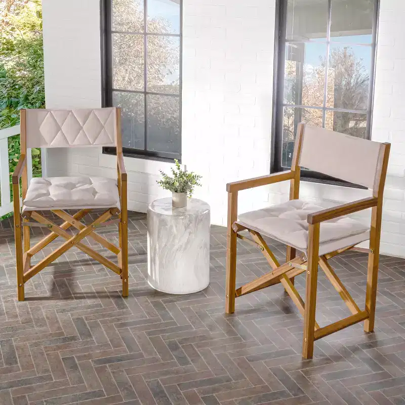 Waldo Classic Mid-Century Outdoor Acacia Wood Foldable Diamond-Quilted Back Director Chair with Cushion (Set of 2) - JONATHAN Y